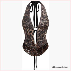 Sequin Cheetah Print Halter Corset Crop Top Tie Back Y2K Going Out